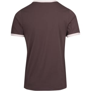 A brown unisex ringer T-shirt featuring white collar and sleeve trims, showcasing the back view.