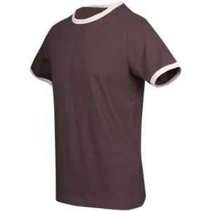 A brown ringer T-shirt featuring a contrasting light-coloured neckline and sleeve trims. It has a simple design with no logos.
