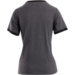 A unisex ringer T-shirt in grey with black trimming on the sleeves and collar, featuring a logo.