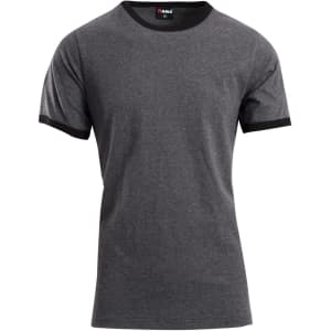 A grey ringer T-shirt featuring a black neckline and sleeve edges, with a logo on the tag.