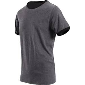 A grey men's/unisex ringer T-shirt featuring black trim on the neckline and sleeves. It has a logo on the side.