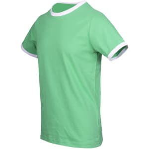 A green unisex ringer T-shirt with white trim on the neckline and sleeves.