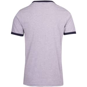 A grey unisex ringer T-shirt featuring a contrasting navy collar and sleeve trim, with a branding logo present.