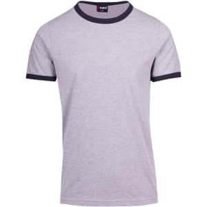 A grey men's/unisex ringer T-shirt with navy blue trim and a logo on the neckline.