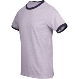 A grey ringer T-shirt with navy blue trim on the neck and sleeves, featuring a logo on the chest.