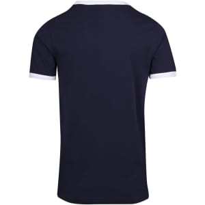 A navy ringer T-shirt featuring a contrasting white collar and sleeve hems, with a logo on the back.