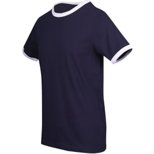 A navy unisex ringer T-shirt featuring contrasting white cuffs and collar, and a logo on the front.