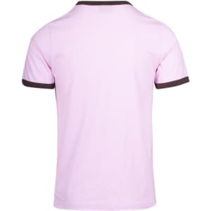 A pink unisex ringer T-shirt featuring brown trim around the collar and sleeves, with a logo on the back.