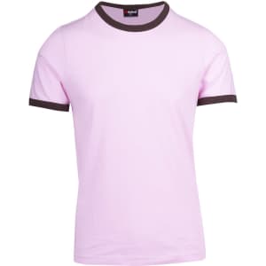 A pink ringer T-shirt with brown trim, featuring a logo at the neck.