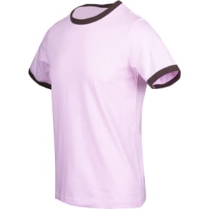A light pink ringer T-shirt featuring dark brown trims on the collar and sleeves. Includes a logo.