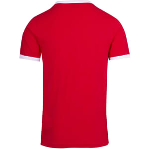 A red ringer T-shirt with white trim on the collar and sleeves. The back view is displayed.
