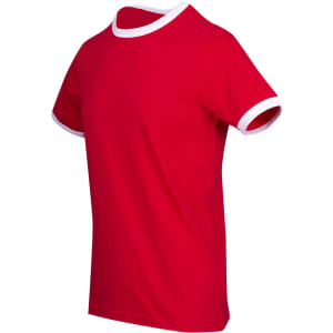 A red unisex ringer T-shirt with white collar and sleeve hems, featuring a logo on the front.
