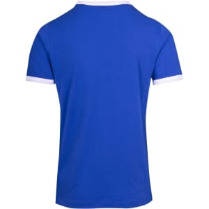 A blue unisex ringer T-shirt featuring contrasting white trim around the neckline and sleeves.