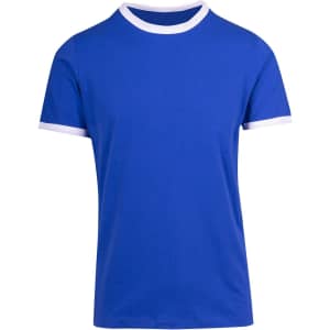 A blue ringer T-shirt featuring white collar and sleeve accents, with a logo on the front.