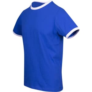 A blue unisex ringer T-shirt with white trim on the collar and sleeves, featuring a logo.