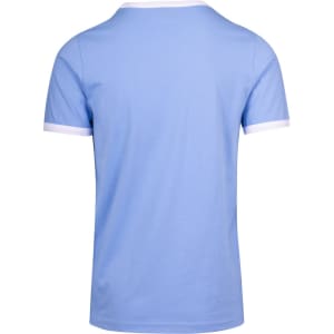 A blue unisex ringer T-shirt featuring white trims around the neckline and sleeves. The back view highlights its smooth finish.