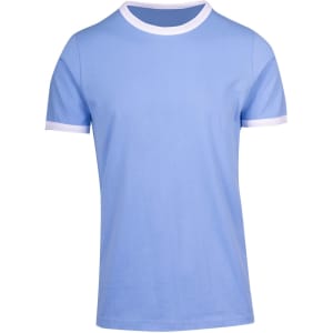 A blue ringer T-shirt featuring white collar and sleeve trims. It has a logo on the front.