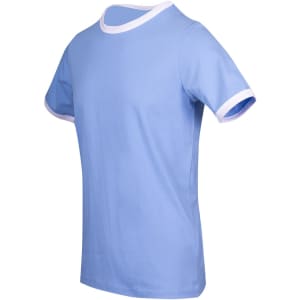 A blue unisex ringer T-shirt with white contrasting collar and sleeve edges, featuring a logo.