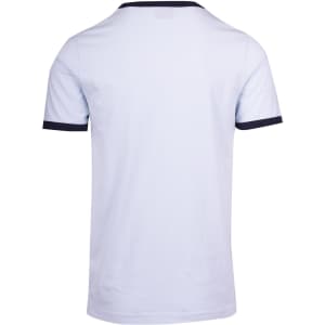 A light blue unisex ringer t-shirt with navy blue trim on the collar and sleeves, featuring a logo.