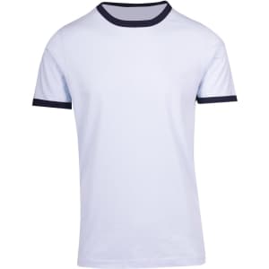 A light blue ringer T-shirt featuring a dark blue collar and sleeve trims. It has a logo on the front.