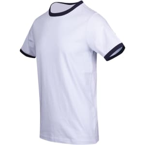 A white unisex ringer T-shirt featuring navy blue trim on the collar and sleeves, with a logo present.