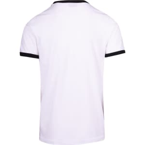 A white unisex ringer T-shirt featuring black trim around the neckline and sleeves. The back view showcases the design.