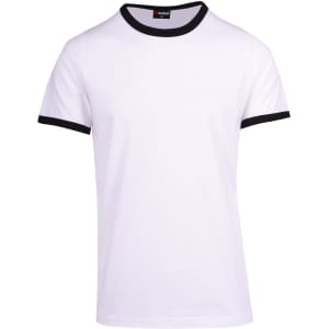 A white unisex ringer T-shirt with black collar and sleeve edges. The shirt features a logo on the tag.
