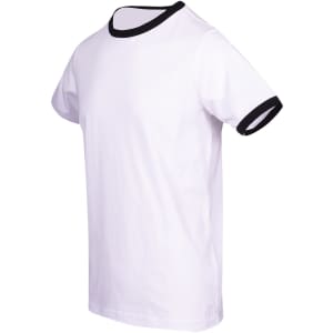 A white unisex ringer T-shirt with black trim on the collar and sleeves.