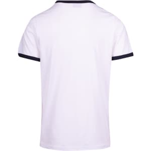 A white men's/unisex ringer T-shirt featuring a contrasting navy collar and sleeve trims. It has a label on the back.