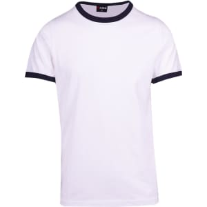 A white ringer T-shirt with a navy blue neckline and sleeve trim, featuring a logo on the label.