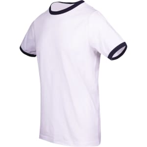 A white Ringer T-shirt with navy blue trim on the collar and sleeves. Features a logo.