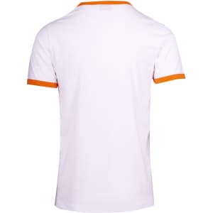 A men's/unisex ringer T-shirt in white with orange trim, featuring a plain back and a logo on the collar.