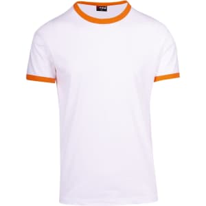 A white unisex ringer T-shirt with orange ribbed collar and sleeve accents. It features a logo on the neckline.