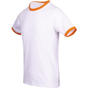 A white men's/unisex ringer T-shirt with orange trim on the neckline and sleeves. It features a logo.