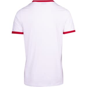 A unisex ringer T-shirt with a white body and red collar and sleeve trims, featuring a visible logo.