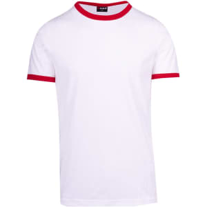 A white unisex ringer T-shirt with red trim on the collar and sleeves. It features a logo at the neck.