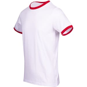 A white ringer T-shirt with red ribbed collar and sleeve edges. Features a logo on the chest.