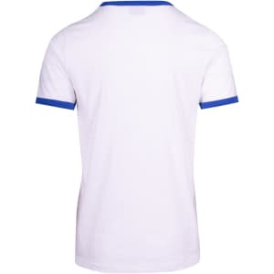 A white ringer t-shirt with blue accents on the neckline and sleeves. It features a logo.