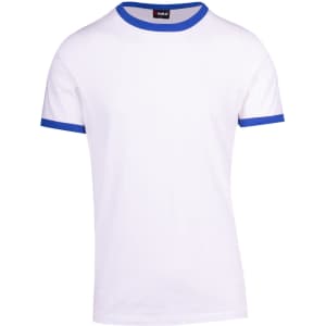 A white unisex ringer T-shirt featuring blue collar and sleeve accents, with a logo on the label.
