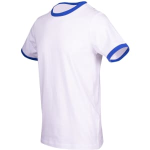 A white ringer T-shirt featuring blue contrast collar and sleeve hems. It has a logo on the front.