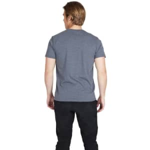 A grey heavy marl T-shirt, viewed from the back, features a simple design and has a logo on the back.