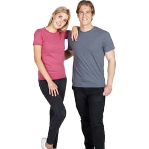 Two models pose in a pink and a grey heavy marl T-shirt, both wearing black jeans. The grey shirt has a logo.