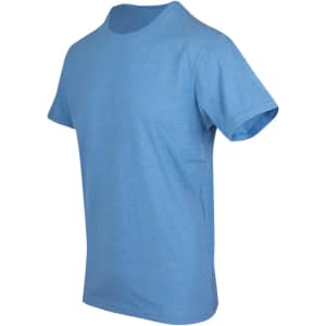 A blue heavy marl T-shirt with short sleeves and a rounded neckline, featuring a logo.