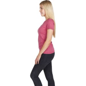 A pink marl women's T-shirt displayed on a model, featuring a short sleeve and slim fit design.