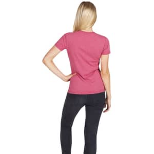 A women's tee in marled pink, featuring a fitted design and a logo on the back.