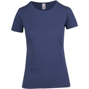 A women's short-sleeve T-shirt in a rich navy blue, featuring a rounded neckline and a logo on the label.