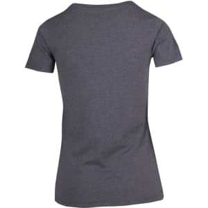 A grey women's T-shirt with a short sleeve and a simple design, featuring a branding logo.