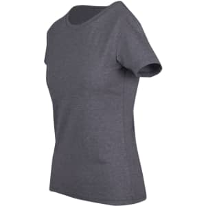 A grey women's t-shirt with short sleeves and a rounded neckline; it features a logo.