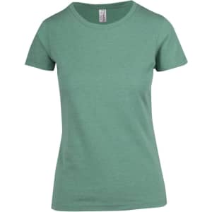 A women's t-shirt in a soft green marl colour with a round neckline and short sleeves. It features a branding label.