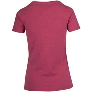 A maroon women's t-shirt featuring a classic crew neck and short sleeves, with a logo on the back.
